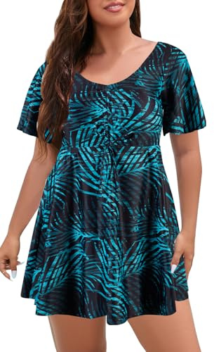 ECUPPER Womens One Piece Swimsuit with Sleeves Plus Size Swim Dress Modest Tummy Control Skirt Swimming Costume Built in Shorts