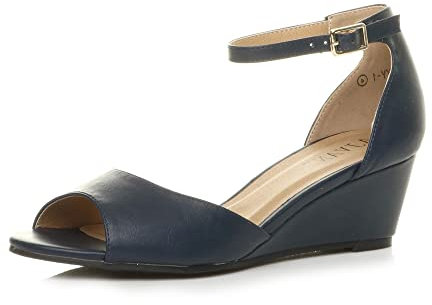 Womens Ladies Low mid Wedge Heel Ankle Strap Casual Evening Sandals Size 6 39, Navy Matte, 6 UK