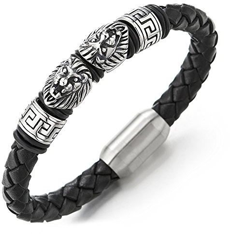 COOLSTEELANDBEYOND Herren Edelstahl Löwe und Griechischen Schlüsselmuster Charme Geflochtene Lederarmband, Schwarz Leder Armreif