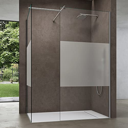 doporro Box Doccia Walk-In Due Lati Fissi 80x100cm, Parete Doccia Anticalcare in Vetro Parzialmente Smerigliato da 8mm con Braccio Sostegno Telescopico in Acciaio Bremen01MS-T