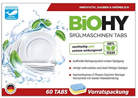 BiOHY Pastillas para lavavajillas (60 Tabs) | Detergente lavavajillas de Alta eficacia en 2 Fases | con pestañas para una Limpieza Potente | 60 pestañas Paquete de Almacenamiento (Spülmaschinen Tabs)