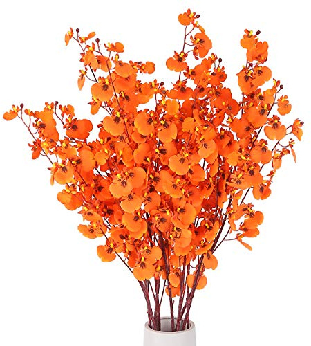 HANTAJANSS Künstliche Orchideen, Blumenstrauß, realistische Orchideen, Seidenmasse, 8 Stück, künstliche Orangenorchideen, Langer Stiel für drinnen und draußen, Hochzeit, Zuhause, Büro, Dekoration