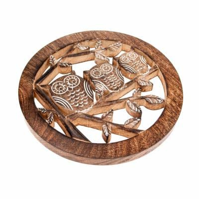 Trivet Pan Stand Hand Carved Eco Mango Wood, Owls 20cm