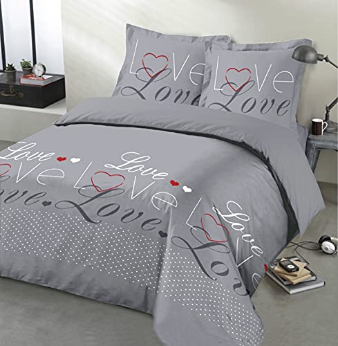 VISION - Bettwäsche Love Grey, Bettbezug 260 x 240cm und 2 passende Kissenbezüge, 100% Baumwolle