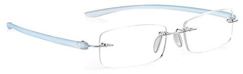 Read Optics Lunettes de lecture pour femmes et hommes 1,0, lunettes rectangulaires sans monture en bleu clair et argent, montures élégantes de qualité à porter tous les jours