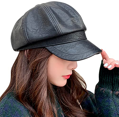 FEOYA Ballonmütze Damen Leder Schirmmütze Damen Winter Newsboy Cap Baker Boy Mütze Damen Schwarz