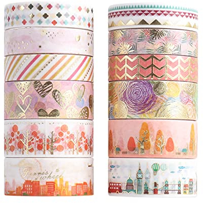 Washi Tapeset Washi Tape Set Kawaii Washi Tape Dekoratives Washi Tape Set 12 Rolls Goldfolie Selbstklebende Washi Tapes für DIY Craft Art Scrapbooking Geschenkverpackung und Blumenverpackung