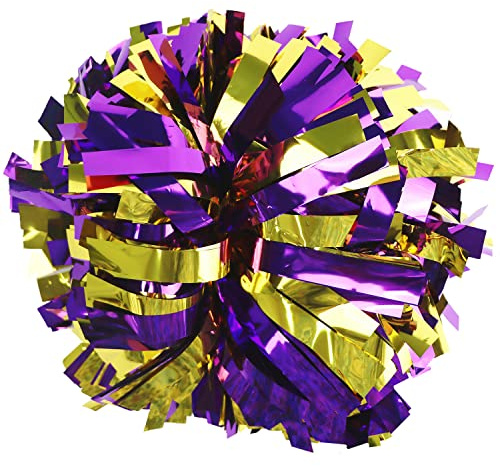 GUIFIER 2 Stücke 6 Zoll Cheerleader Pompons mit Schlagstockgriff, Metallic Cheerleading Pom Poms Handblume, Tanz Pompoms Cheerleader Kinder Cheers Balls, Cheerleader Puschel Teamgeist -Lila und Gold