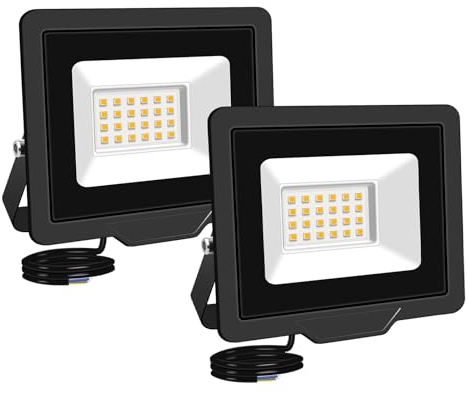 RIGIDON 2x 20W LED Strahler Außen, 2000LM Außenstrahler, 3000K Warmweiss IP66 Wasserdicht LED Fluter Scheinwerfer Flutlicht, Außenlampe für Garten, Innenhöfe, Garage, Hotel, Sportplatz, Werkstatt