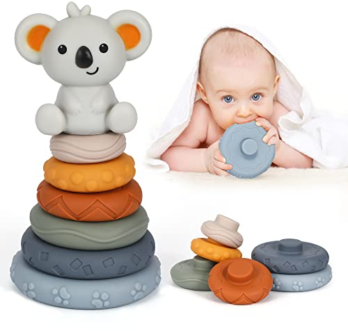Dekewe 7 Stück Stapelspielzeug mit Ringen, Stapelturm Squeeze Zahnen Babyspielzeug mit Koala Früherziehung Spielzeug Geschenke für 6 12 18 Monate Baby Kleinkind Jungen Mädchen Montessori Spielzeug