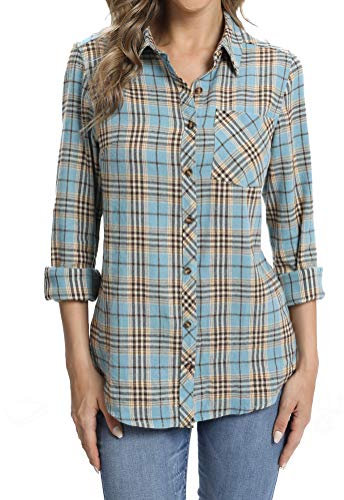 fuinloth Chemisiers et Blouses Femme Chemise en Flanelle Légère à Carreaux et Manches Longues Shirt élégant Tunique avec Poches Bleu S 36-38