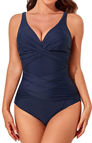 Smismivo Maillot de Bain Une pièce pour Femme Le contrôle du Ventre Push up Maillot de Bain Femme 25 Pieces Amincissante Slim Elégant Vintage Ruché Effet Halter Rembourré Swimsuit Vert Olive