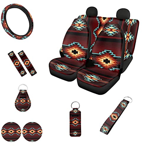 Belidome Aztec Southwest Autositzbezug-Set mit Tribal Indian Navajo geometrische Lenkradbezug Untersetzer Sicherheitsgurtpolster Schlüsselanhänger Lippenstifthalter 12 Stück, Einheitsgröße