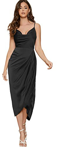 Floerns Robe caraco en satin avec bretelles spaghetti et col bénitier pour femme, Noir-b, Taille S