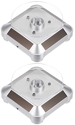 sourcing map 2pcs Solar Display Stand Turntable 3.54 Plate Dia Battery Double Use LED Light 360° Two-Way Rotating ABS Automatic Revolving Display for 3D Print Jewelry Displaying, Silver Tone