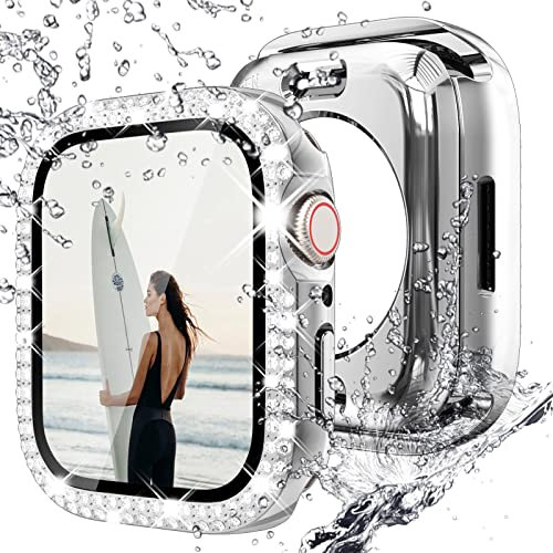 NewWays Schutzhülle für Apple Watch Series SE/6/5/4 44mm Hülle mit Glas Displayschutz,Glitzer Diamant Zubehör für iWatch 44mm,Silber