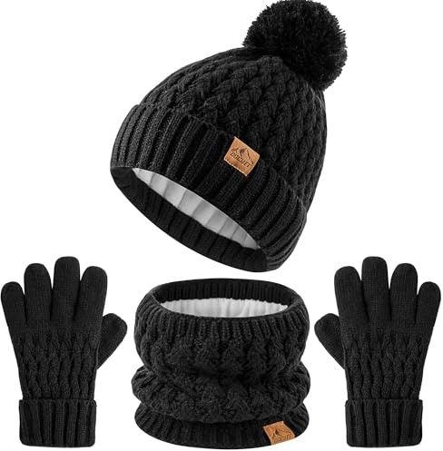DOCVIT Kinder Bommel Winter Beanie Mütze Scart Handschuhe Set,Jungen Mädchen gestrickt Fleece gefüttert Wollmütze für Kinder Kleinkind 3-9 Jahre