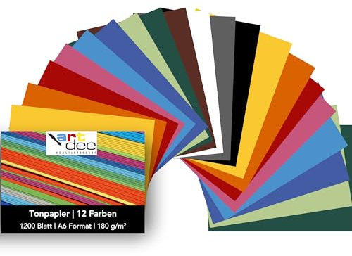 artdee® Tonpapier bunt in 12 verschiedenen Farben 180 g/m² – Bastelpapier Set (1200 Blatt gemischt in DIN A6) – Buntes Papier zum Basteln – Bastelpapier bunt für Kinder und Erwachsene