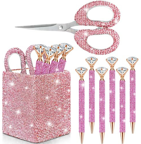 Qilery 8 x glitzernde Schreibtisch-Accessoires, Geschenk mit 1 glitzernden Stifthalter, 6 x Kristall-Strass-Stifte, 1 x Kristallschere, Glitzer, Make-up-Pinselhalter, Kosmetik-Organizer, Rosa