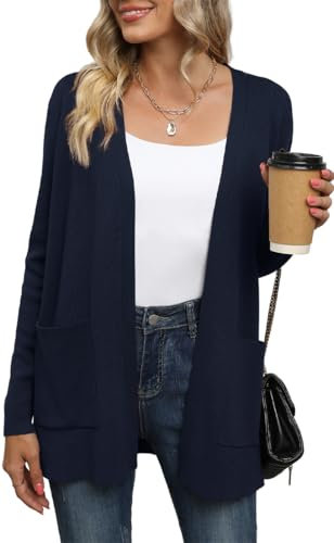 Yommay Cardigan for Women Loose Casual Lightweight Ladies Long Sleeve V-Neck Knitted Sweaters with Pockets,Navy Blue,Small