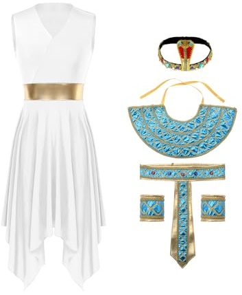 CHICTRY ägypten Kostüm Damen Sexy Ärmellos Kleopatra Kleid Tanzkleid Mit Halsumfang Gürtel Armbänder Göttin Kopfbedeckung 5tlg Outfits Faschingkostüme BD Weiß S