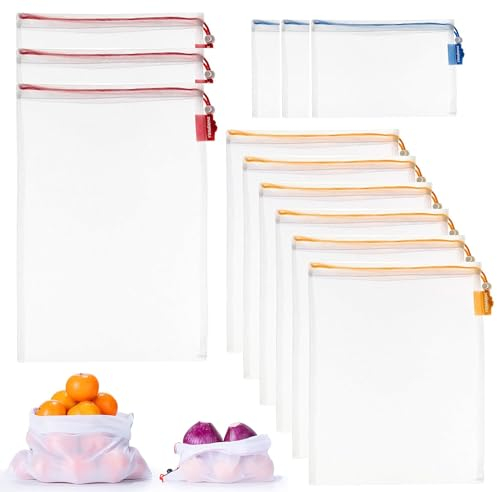 Reofrey 12 Piece Reusable Toy Storage & Organization Mesh Bags Set - Washable Versatile See-Through Drawstring Bags in 3 Sizes for Toy, Grocery, Fruit, Vegetables and Storage