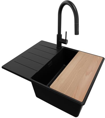 PRIMAGRAN Spülbecken Alles Schwarz 62x50cm, Spülbecken 1 Becken + Küchenarmatur 40x20cm + Zuberhor-Set, Küchenspüle ab 45er Unterschrank - Kopenhagen S223
