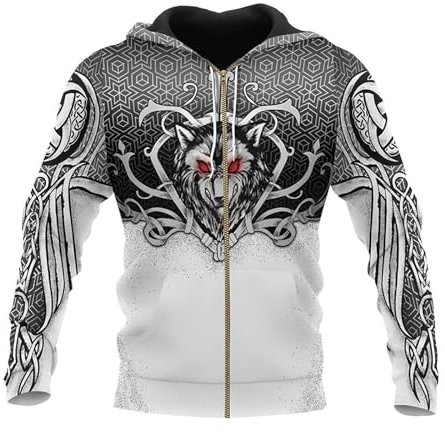 Viking Men/Women Hoodie Norse Mythology Thor's Hammer 3D Realistic Printed Fashion Hoodies Pullover Autumn Casual Jacket Viking Apparel(Fenris Zip Hoodie,3XL)