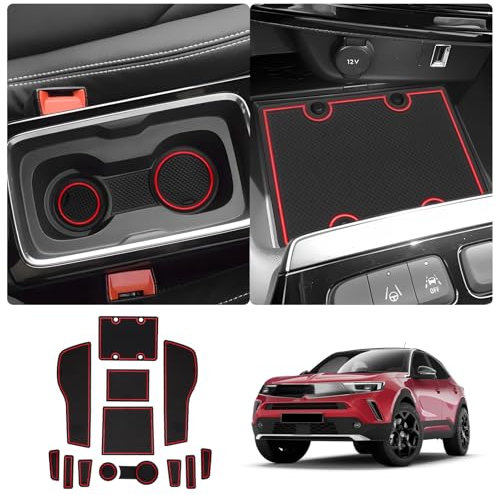 LUWU Kompatibel mit Opel/Vauxhall Mokka B Mokka-e 2021-2024 2025 Gummimatten Mokka e Mittelkonsole Anti-Staub Becherhalter Türnaht Automatten Innenraum Zubehör (Rot)