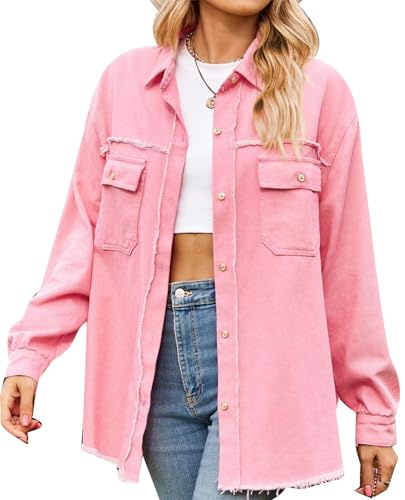 MINTLIMIT Womens Denim Shirt Long Sleeve Button Down Shirt Casual Jean Shirt Jacket Vintage Denim Blouses Tops with Pockets, Pink