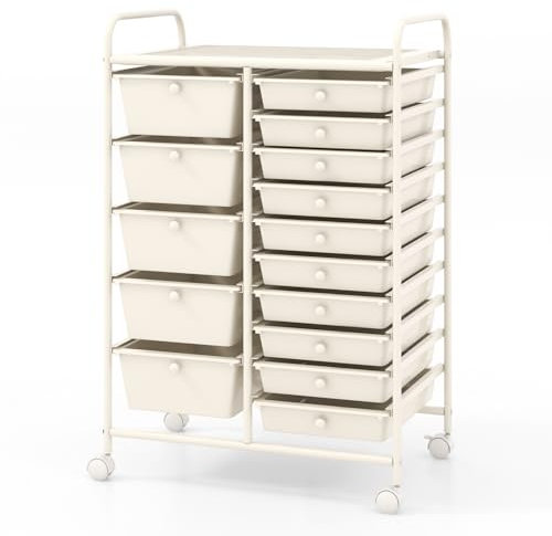 COSTWAY 15 Drawers Storage Trolley, Home Office Stationary Rolling Cart with 4 Wheels, Multipurpose Mobile Organiser Shelving Unit for Makeup Beauty Salon (Cream White)