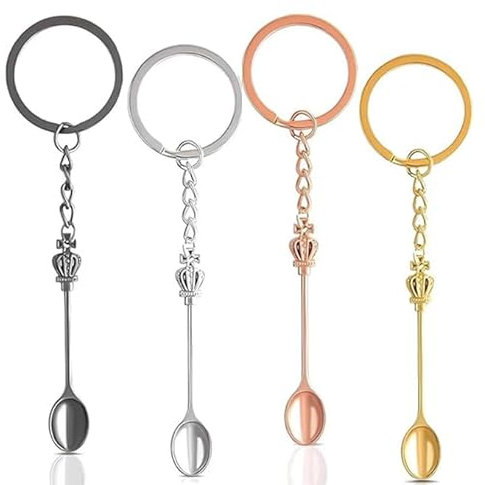 4 Pcs Medicine Spoon,Tiny Spoon Tea Spoon,Mini Spoon Keychain, Mini Crown Spoon Keychain Pendant Necklace, Gadget for Men Women Backpack Pendant Party Favors, Ring for Filling Vials with Salts, Sand.