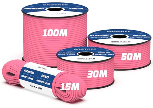 Brotree 550 Paracord 4mm 50m Schnur 100% Polyester Seil Reißfest 7 Kern | 250kg (550lbs) Bruchlast, Typ III, Armbänder, Basteln, Outdoor, Camping, Survival