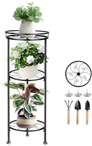 MAIJIAJU 3 Tier Metal Plant Stand Indoor Outdoor With Gardening Tools, 86cm Tall Plant Pot Holder Corner Plant Stands For Flower Pots, Flower Black Display Rack For Patio Garden Balcony Living Room