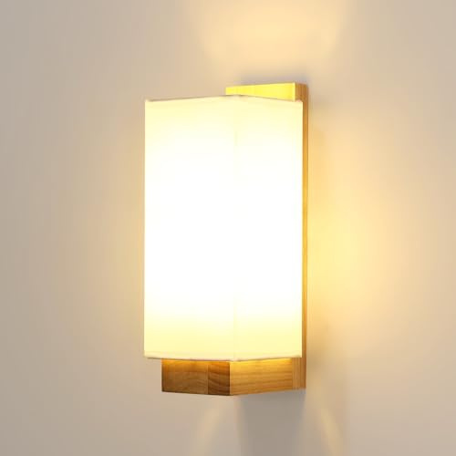 Toolight Applique Murale Intérieure Bois, Lampe Murale Abat-jour en Tissu E27, Luminaire Mural Intérieure pour Chambre Couloir Escalier Salon, Rectangle (Ampoule Non Incluse)