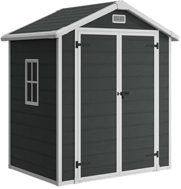 STEELSØN Novara Gerätehaus aus Kunststoff - Geräteschuppen wasserdicht, wetterbeständing - Gartenhaus Satteldach, Aluminiumrahmen - Gartengerätehalter in Anthrazit Außenmaß 182x134x210 cm