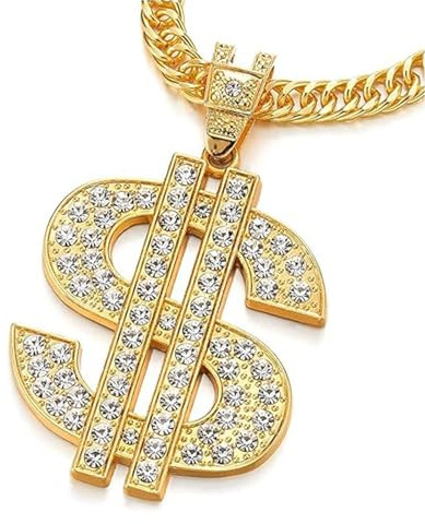 GDQQOYWQT 2Pcs Gold Plated Dollar Sign Necklace Dollar Sign Pendant Gold Plated Necklace with Rhinestones Hip Hop Punk Chain for Rapper Men Woman Party Accessories