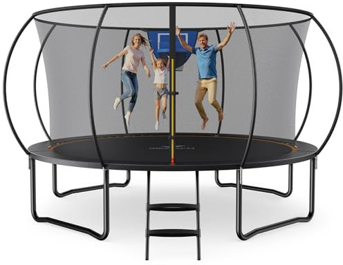 MERACH Trampoline 10ft/12ft/14ft/16ft, Outdoor Large Trampolines with Safety Net & Basket Ball, Max Load 330lb Rebounder Trampoline for Adults Family