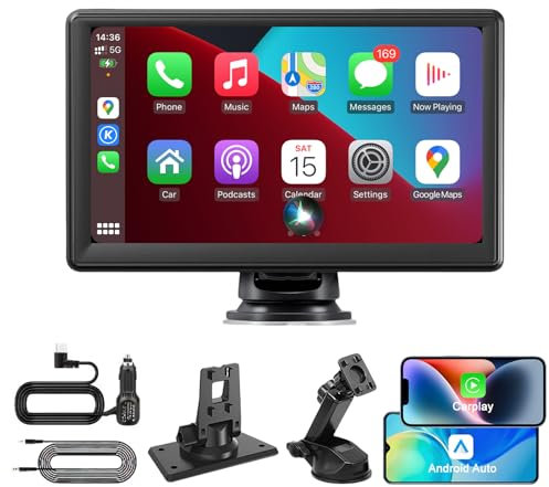 7 Inch Wireless Apple CarPlay Android Auto Screen, Portable Car Stereo HD Car Play Touch Screen for Car, GPS Navigation Radio Vedio Player with Bluetooth 5.0, Voice Control, Mirror Link, AUX/FM