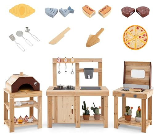 GOPLUS Matschküche Kinder Outdoor, 3 in 1 Spielküche Set, Gartenküche mit Grill, Pizzaofen & Spüle, Kinderspielküche mit Kochutensilien und simulierten Lebensmitteln, Kinderküche Holz