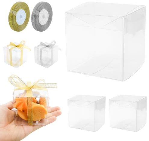 50 cajas de regalo transparentes de 7 x 7 x 7 cm con 2 rollos de cintas doradas y plateadas, caja de regalo de plástico transparente, pequeñas cajas de regalo cubos transparentes