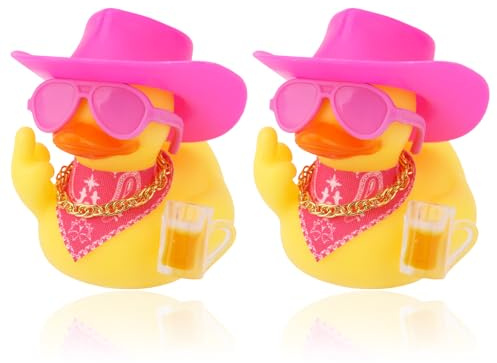 Fukaisu 2 Stück Lustige Gummienten für Armaturenbrett, Süß Auto Gummiente Ornament mit Mini Brille Mütze Schal Zubehör für Zuhause Büro Kühlschrank Dekoration (Rosa)