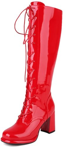 Cocey Bottines aspect laqué - Talon bloc - Bottes à lacets avec fermeture éclair latérale pour des styles polyvalents - Talon de 8 cm, rouge, 32 EU