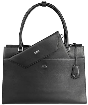 Socha Premium Laptoptasche Damen Leder 15.6 Zoll – Diamond Edition Vario-CL – Schwarze Ledertasche Damen mit herausnehmbarer Clutch, Laptopfach, RFID-Schutz & Trolley-Schlaufe
