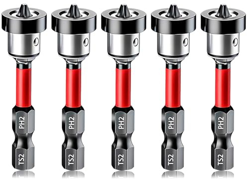 Uadme 5Pcs PH2 50mm Drywall Screwdriver Bits, Magnetic Positioning | 1/4 Hex Shank, Screw Setter, Removable Magnetic Ring, Depth Control, For Plasterboard Screws