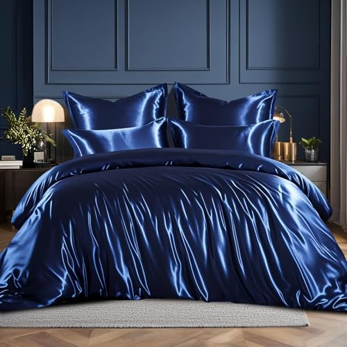RUIKASI Satin Bedding Set Double Bed - Silky Duvet Cover Set for Hair and Skin, 3 Piece Duvet Set Quilt Cover with 2 Pillowcases, 200x200cm Navy Blue