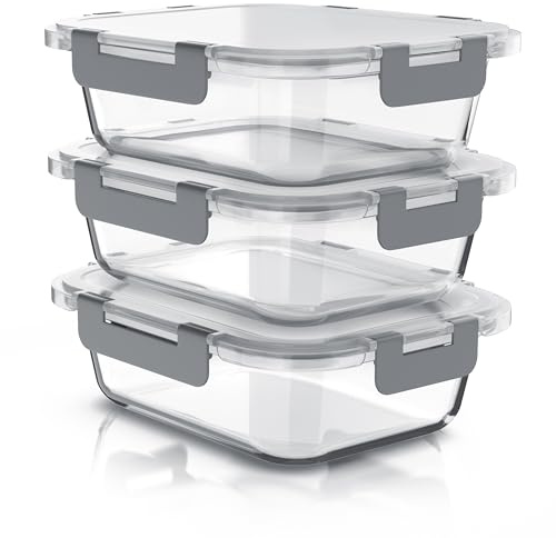 Arendo - Glas Frischhaltedosen Vorratsdosen für Lebensmittel mit Deckel luftdicht - 3er Set - 1000 ml - für Mikrowelle Ofen Gefrierschrank - Spülmaschinen geeignet - Lunchboxen Meal Prep Boxen Set