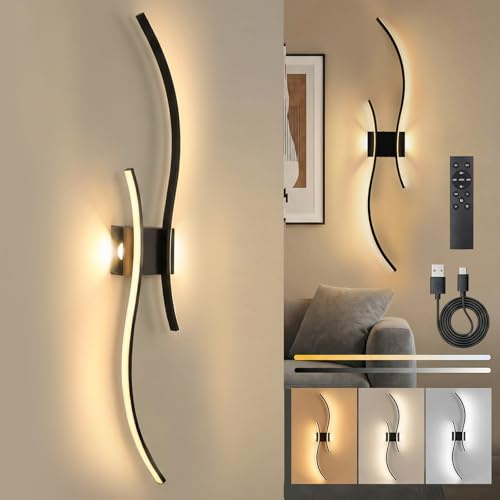 SERBASIC Applique murale LED d'intérieur - Batterie avec télécommande - Noir - Moderne - Avec fonctions d'intensité variable et de minuterie - Applique murale sans fil pour salon, chambre à coucher