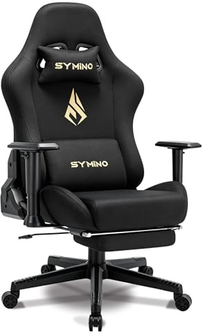 Symino Chaise Gaming Ergonomique et Fauteuil Gamer avec Repose-Pieds Télescopique Coussin à Ressorts, Support Lombaire et Hauteur Réglable 200kg (Faux Daim, Noir)