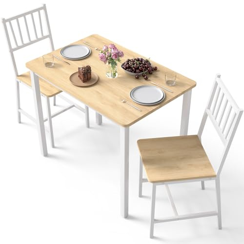 Yafylly Small Space 3 Piece Dining Table Set for 2, Compact Kitchen Table Set with 2 Chairs & Adjustable Feet, Modern Breakfast Nook Furniture for Apartment, Dorm, or Home, White